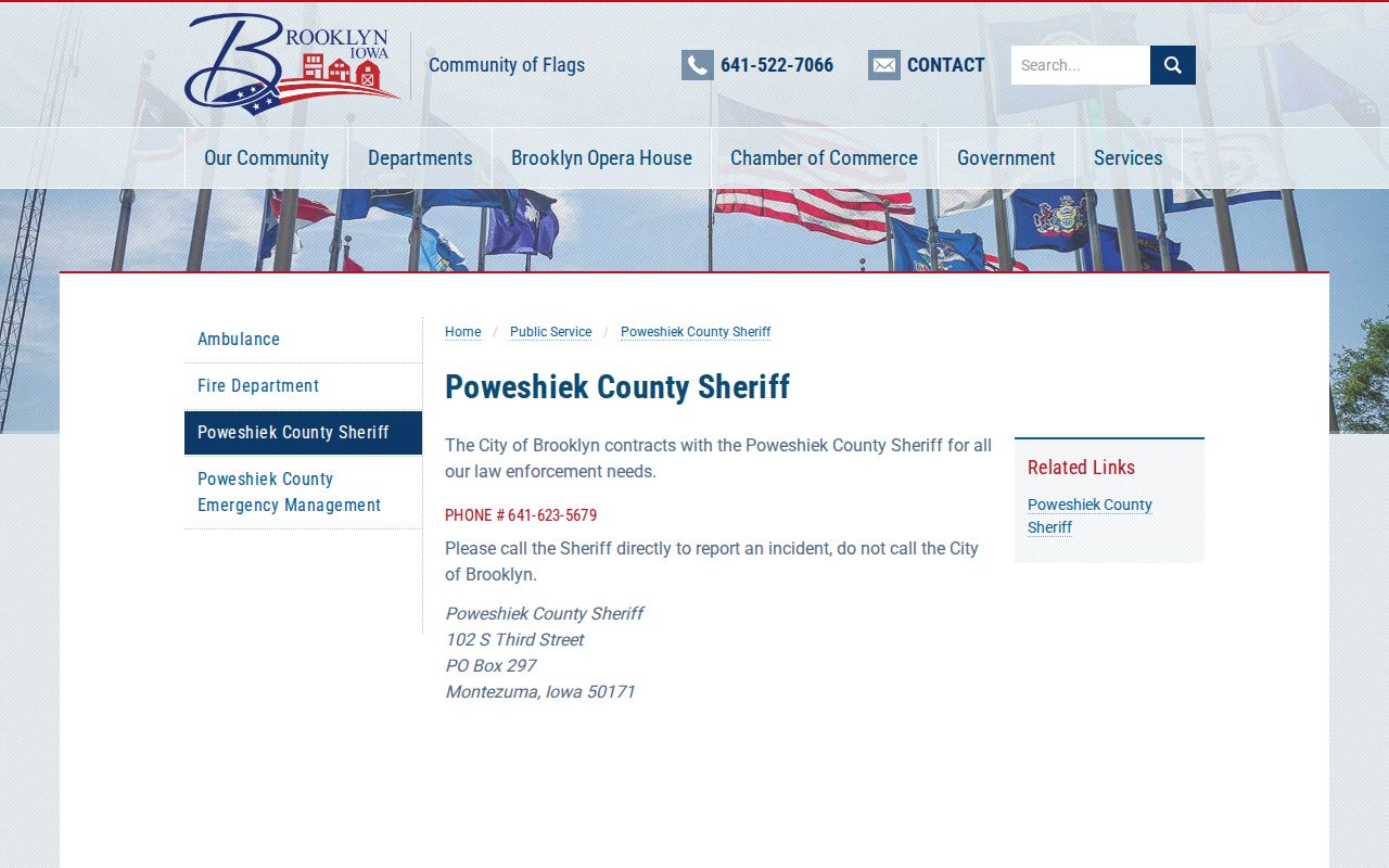 Brooklyn Iowa official Poweshiek County Sheriff contract and arrest record contact page