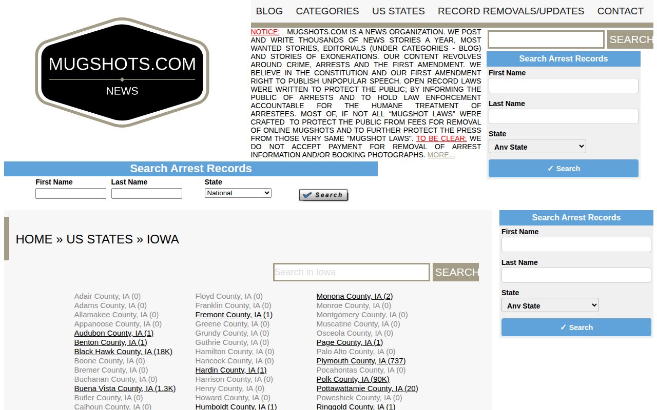 Unofficial Mugshots.com Iowa directory showing Poweshiek County record absence